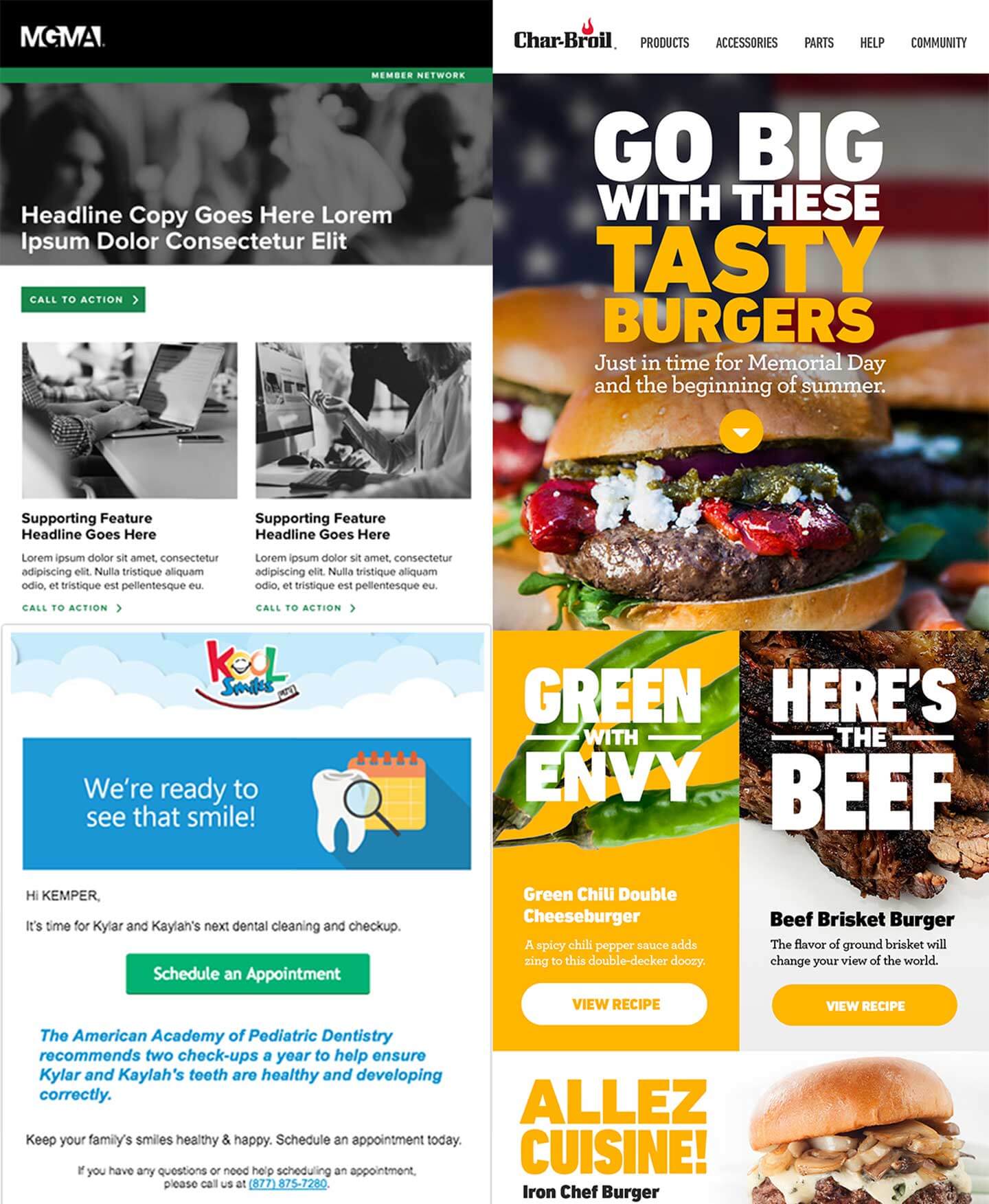 Three images consisting of MGM, Char-Broil, and Koolsmiles company home website